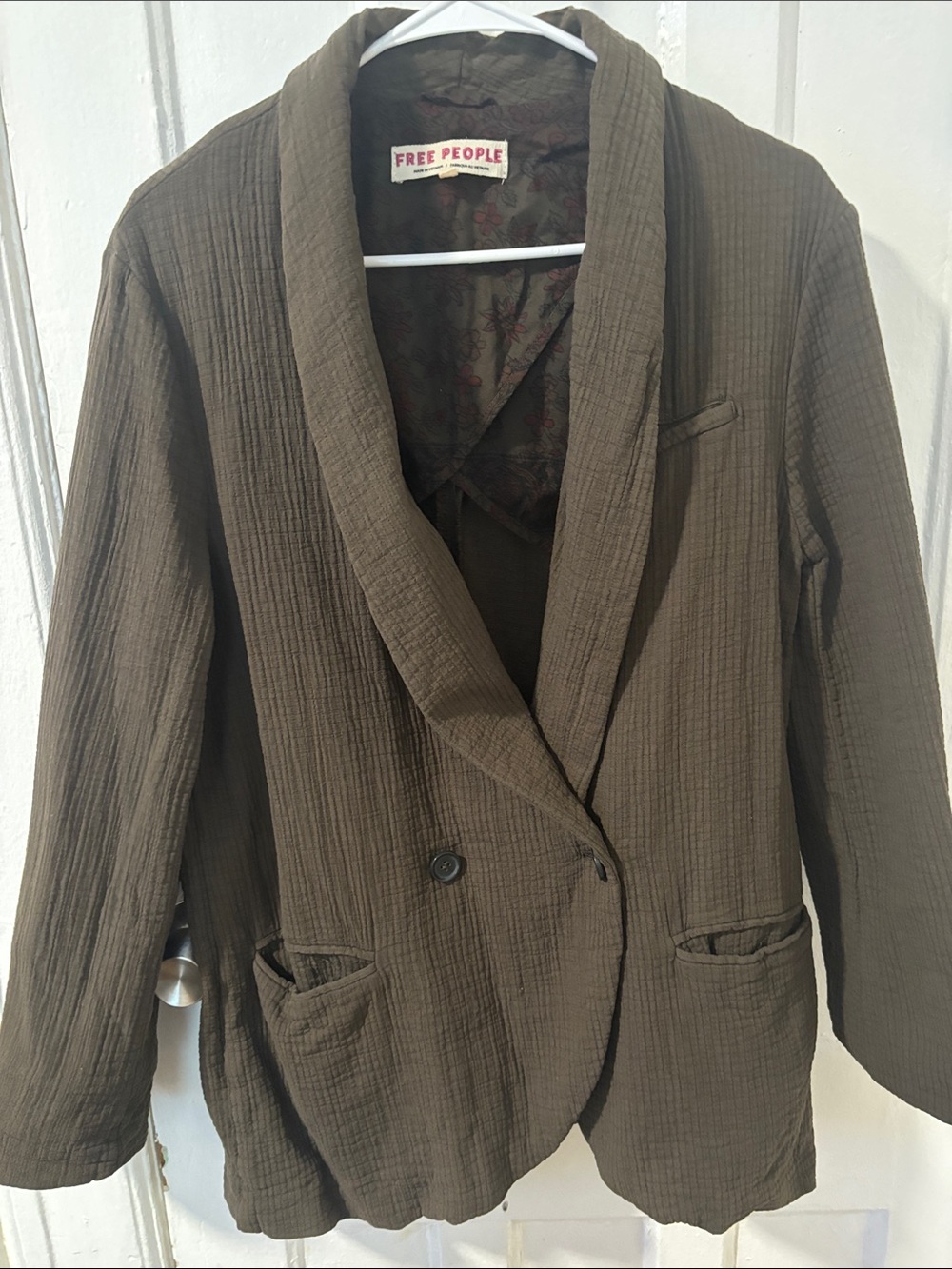 Free People Olive Green Textured Shawl-Collar Blazer